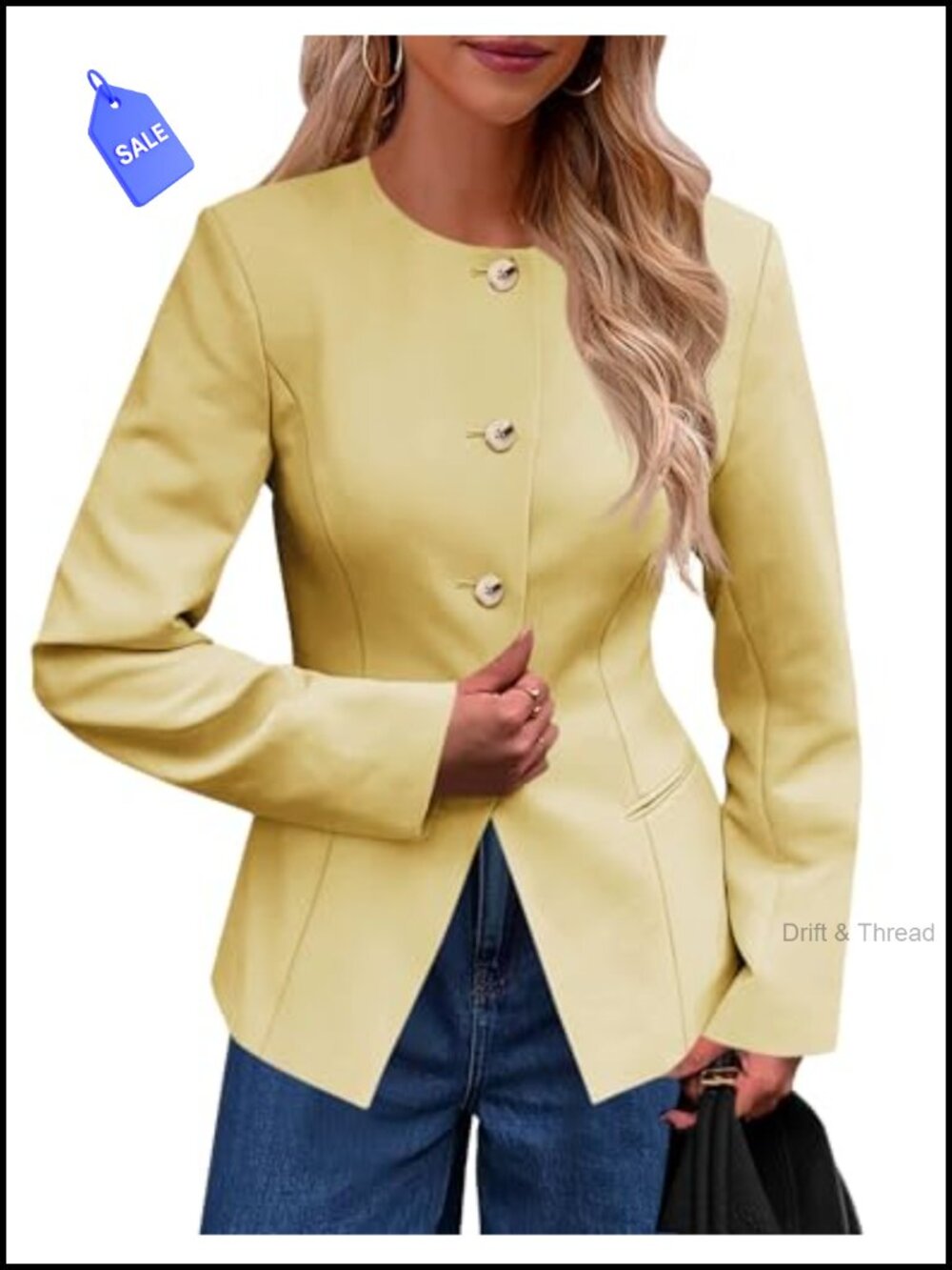 Womens Collarless Fitted Blazer Split Hem Button Business Casual Suit Jacket